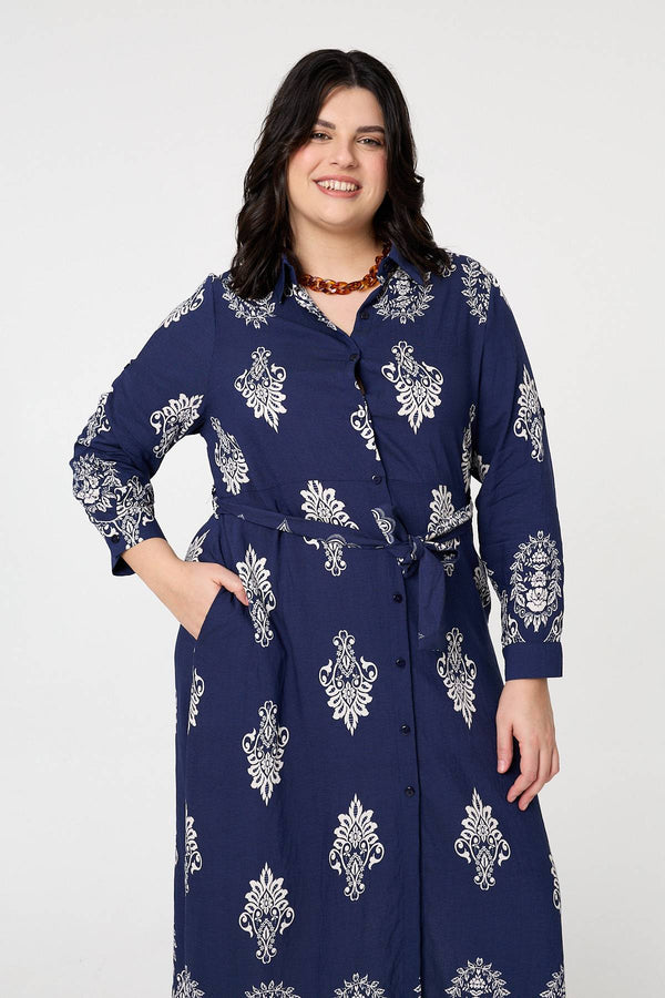 Navy | Curve Baroque Print Maxi Shirt Dress