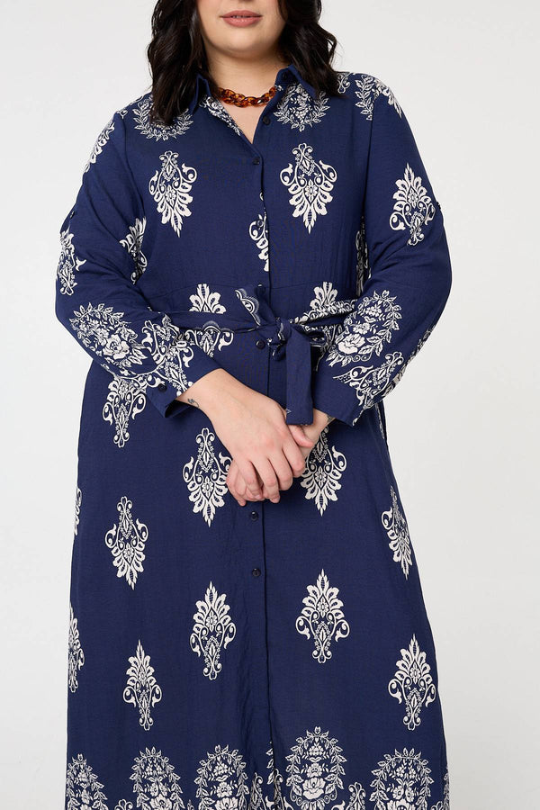 Navy | Curve Baroque Print Maxi Shirt Dress
