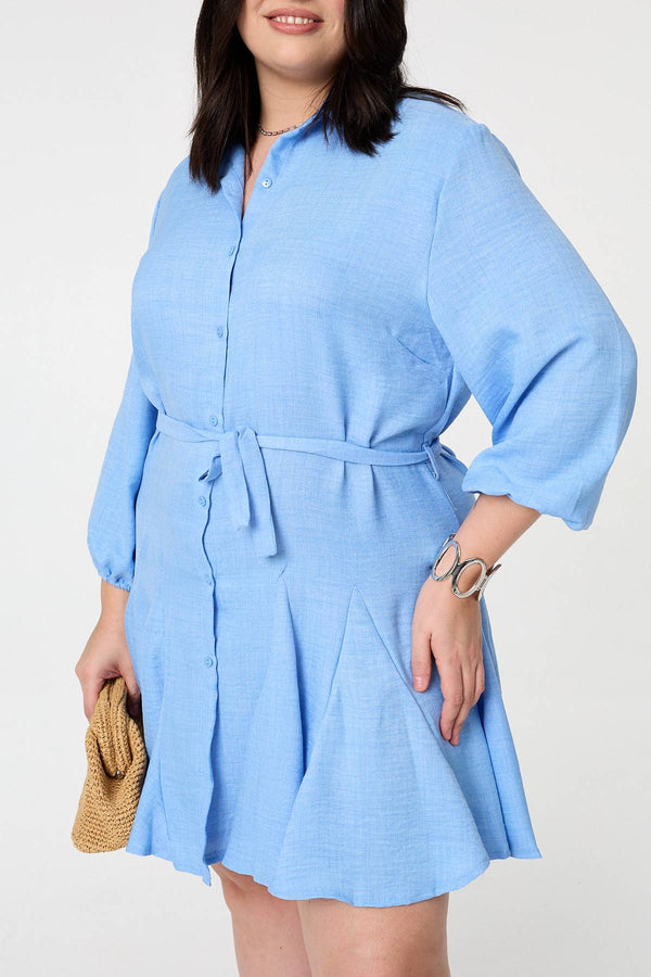 Light Blue | Curve Tie Waist Knee Length Shirt Dress