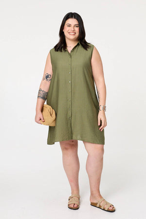 Khaki | Curve Sleeveless Midi Shirt Dress
