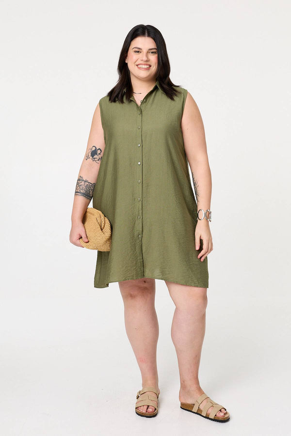 Khaki | Curve Sleeveless Midi Shirt Dress
