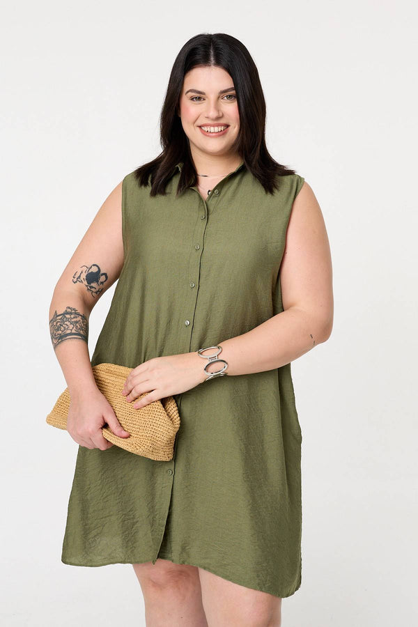 Khaki | Curve Sleeveless Midi Shirt Dress
