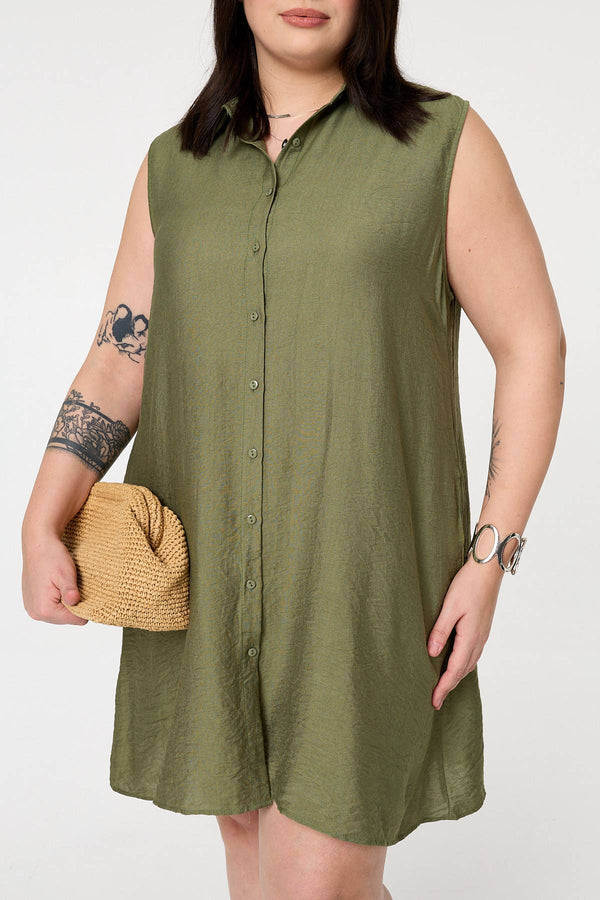 Khaki | Curve Sleeveless Midi Shirt Dress
