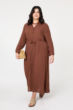 Brown | Curve Long Sleeve Tie Waist Maxi Dress