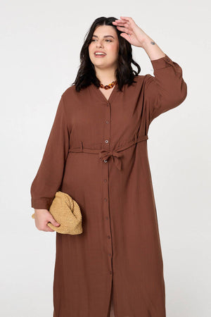 Brown | Curve Long Sleeve Tie Waist Maxi Dress