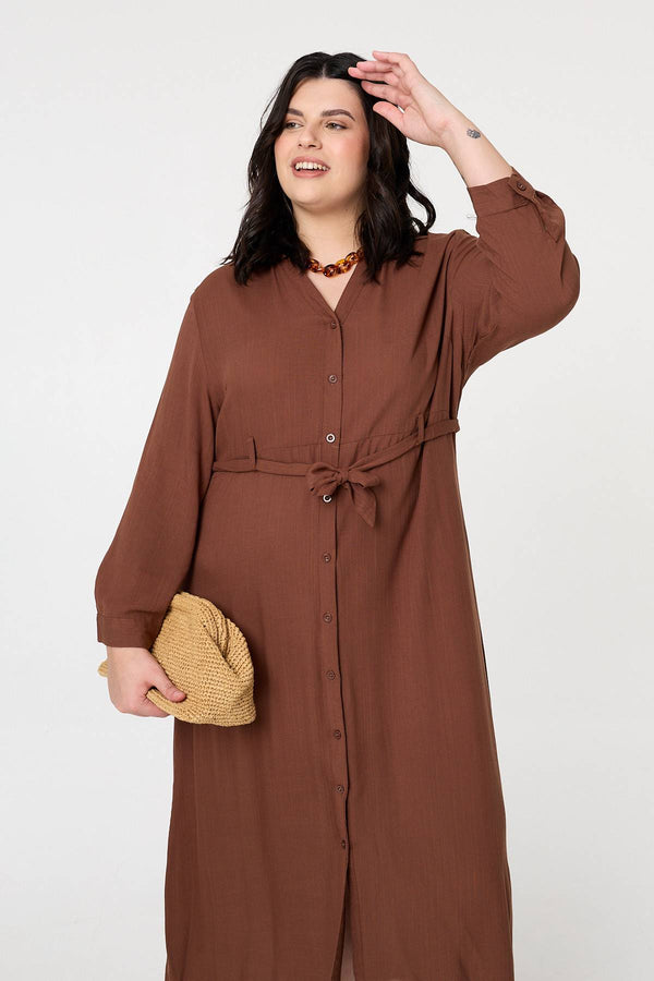Brown | Curve Long Sleeve Tie Waist Maxi Dress