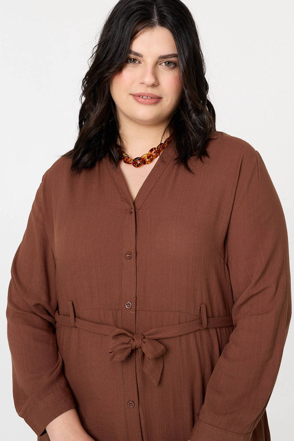 Brown | Curve Long Sleeve Tie Waist Maxi Dress