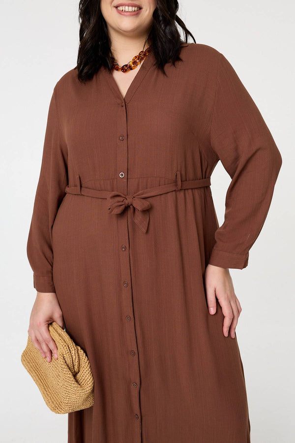 Brown | Curve Long Sleeve Tie Waist Maxi Dress