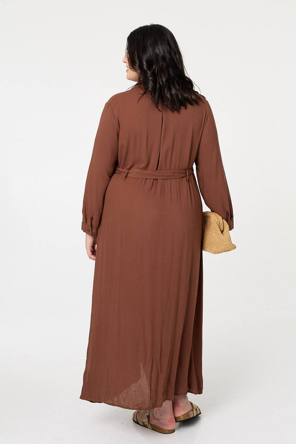 Brown | Curve Long Sleeve Tie Waist Maxi Dress