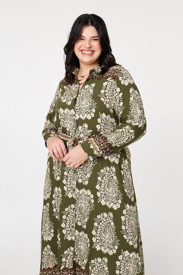 Green | Curve Printed Tie Waist Maxi Shirt Dress