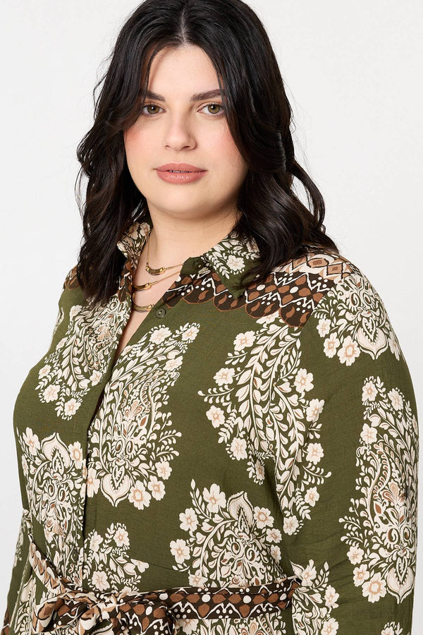Green | Curve Printed Tie Waist Maxi Shirt Dress