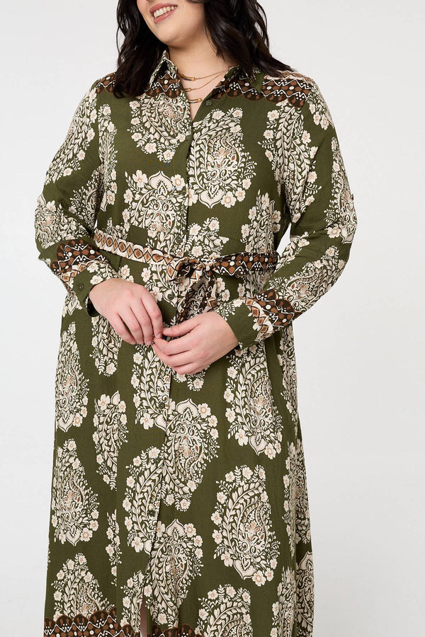 Green | Curve Printed Tie Waist Maxi Shirt Dress