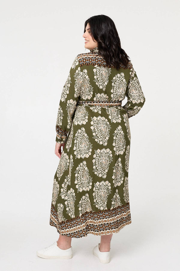 Green | Curve Printed Tie Waist Maxi Shirt Dress