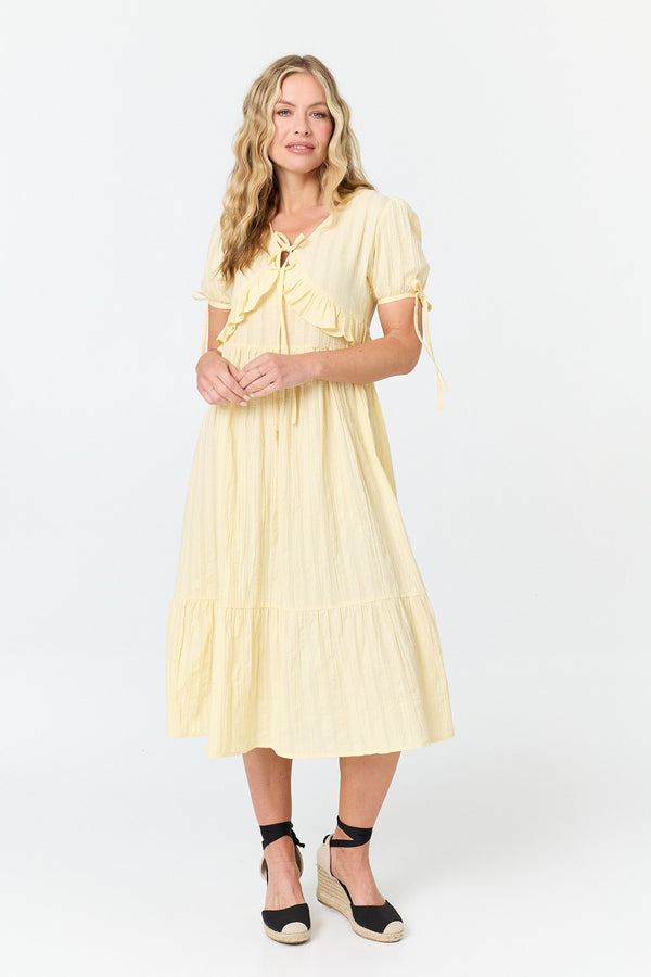 Yellow | Ruffle Front Short Sleeve Midi Dress