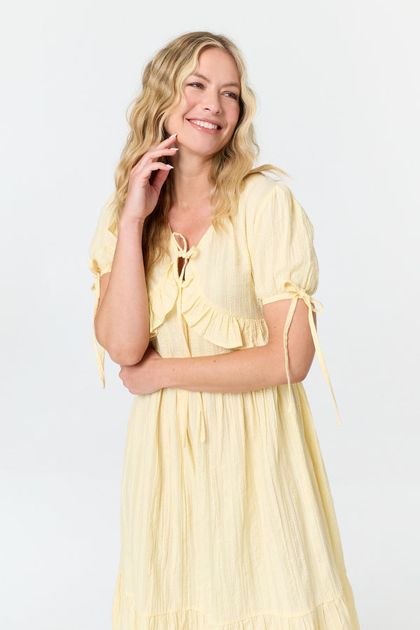 Yellow | Ruffle Front Short Sleeve Midi Dress