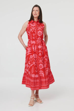 Orange | Floral Tie Waist Sleeveless Midi Dress