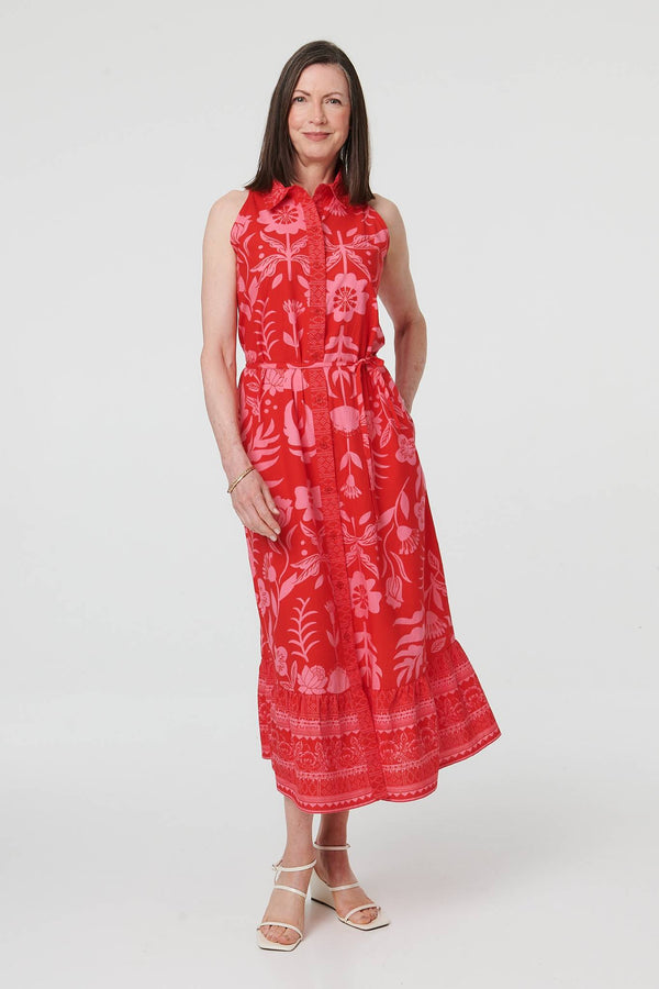 Orange | Floral Tie Waist Sleeveless Midi Dress