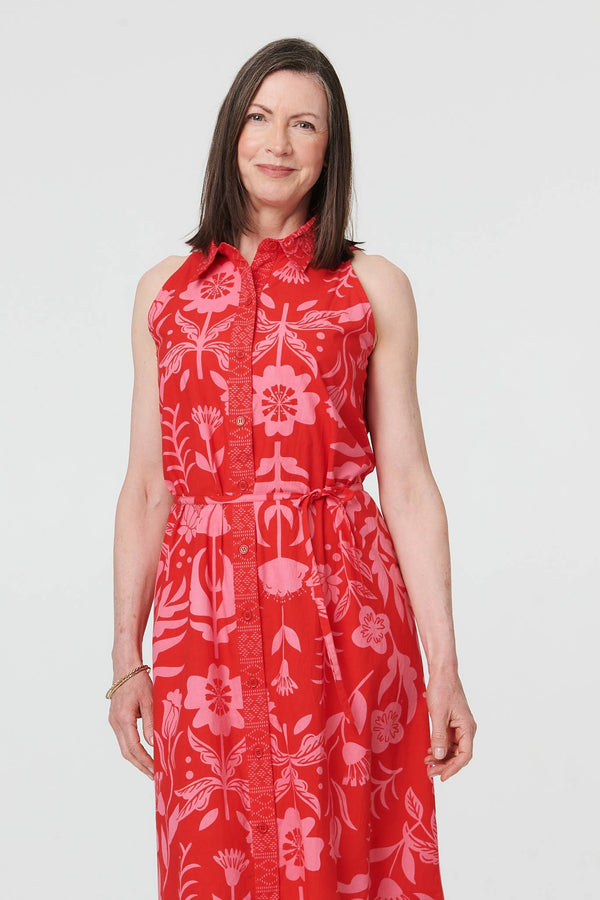 Orange | Floral Tie Waist Sleeveless Midi Dress