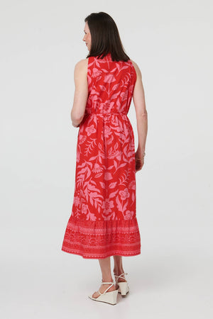 Orange | Floral Tie Waist Sleeveless Midi Dress