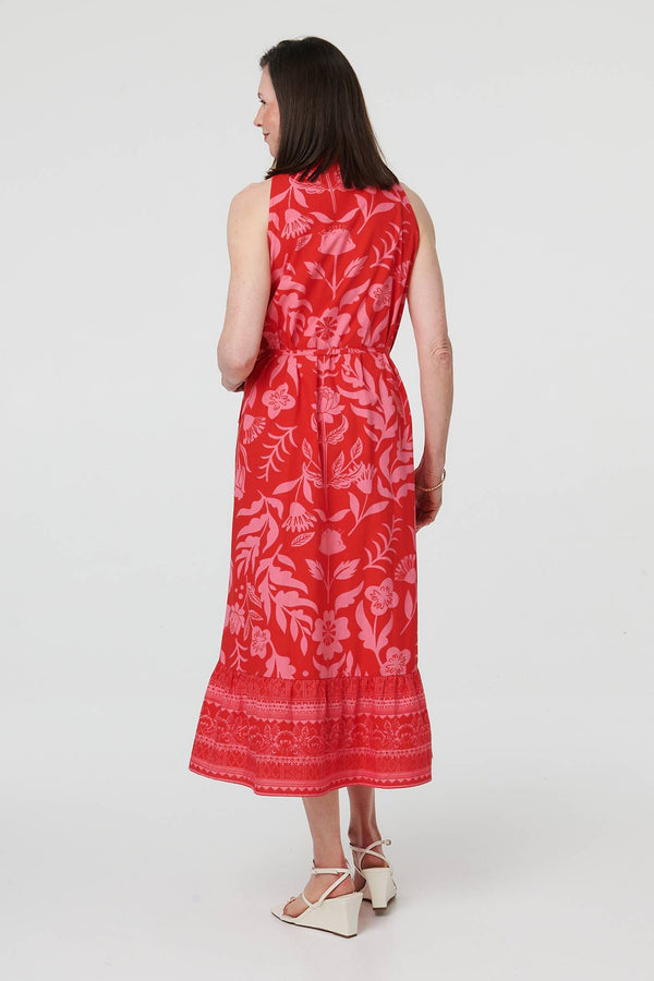 Orange | Floral Tie Waist Sleeveless Midi Dress