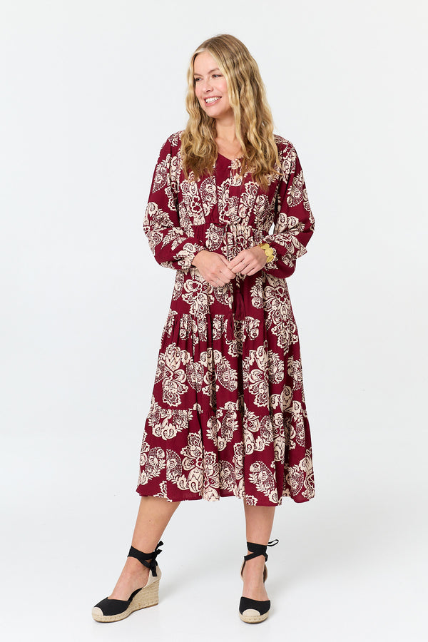 Red | Floral Long Sleeve Relaxed Midi Dress