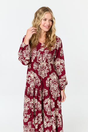 Red | Floral Long Sleeve Relaxed Midi Dress