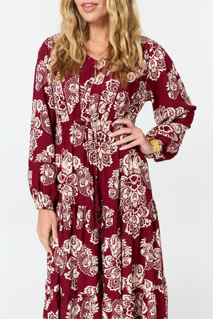 Red | Floral Long Sleeve Relaxed Midi Dress