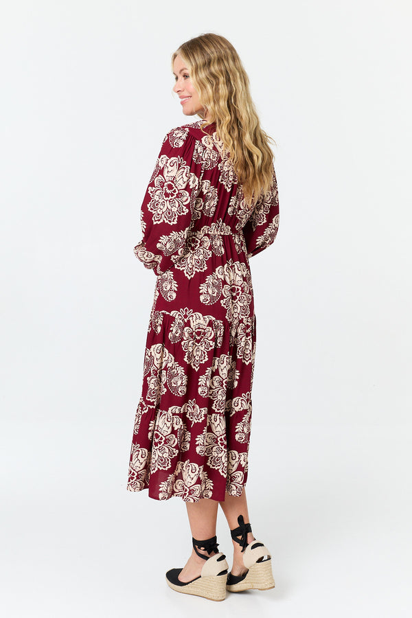 Red | Floral Long Sleeve Relaxed Midi Dress