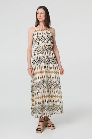 White | Printed Sleeveless Ruched Maxi Dress