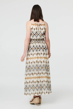 White | Printed Sleeveless Ruched Maxi Dress