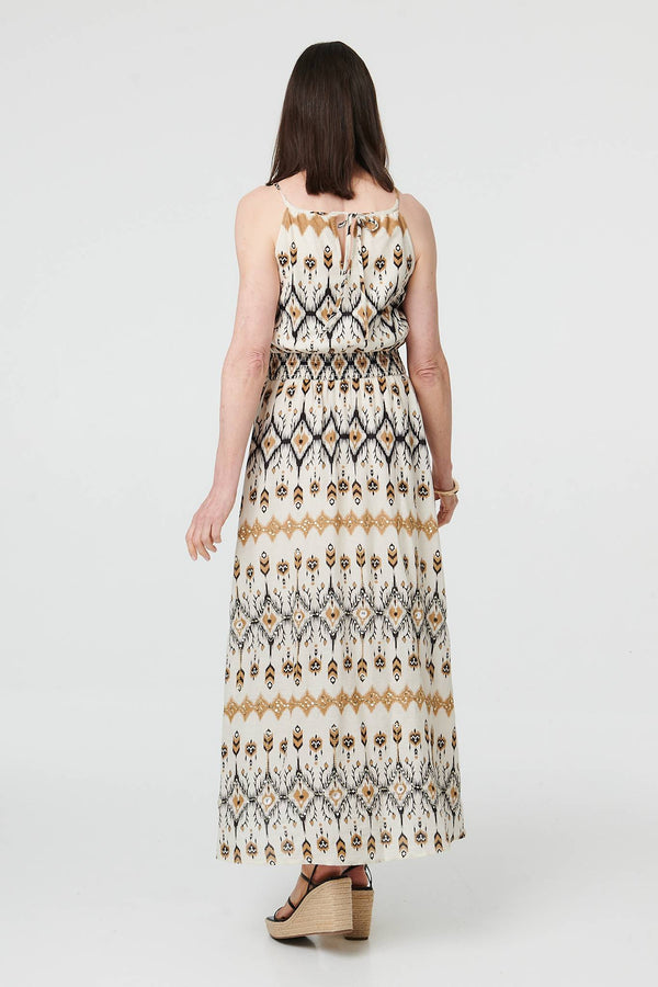 White | Printed Sleeveless Ruched Maxi Dress