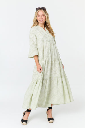 Sage | Printed 3/4 Flare Sleeve Maxi Dress