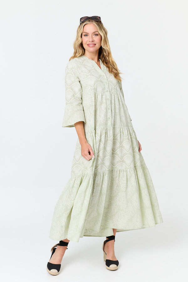 Sage | Printed 3/4 Flare Sleeve Maxi Dress