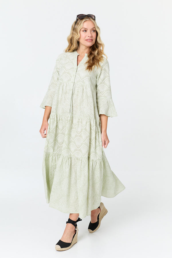 Sage | Printed 3/4 Flare Sleeve Maxi Dress