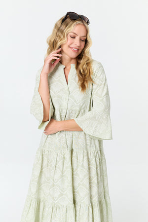 Sage | Printed 3/4 Flare Sleeve Maxi Dress