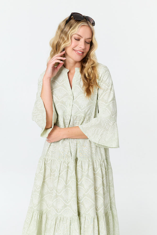 Sage | Printed 3/4 Flare Sleeve Maxi Dress