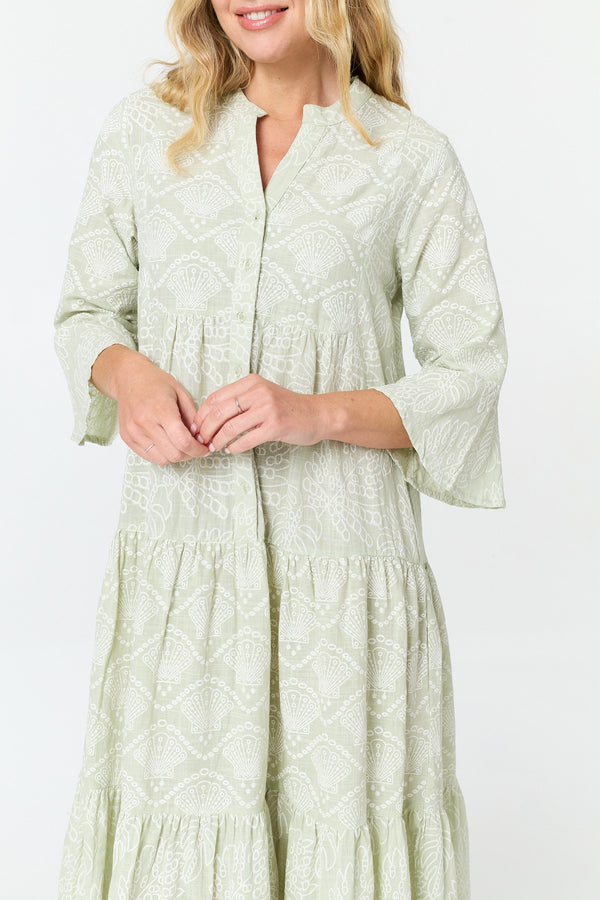 Sage | Printed 3/4 Flare Sleeve Maxi Dress