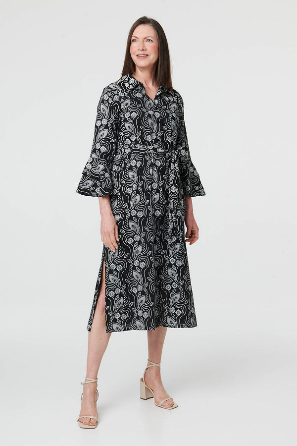 Black | Floral 3/4 Sleeve Tie Midi Shirt Dress