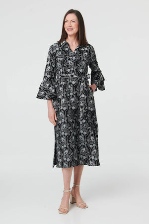 Black | Floral 3/4 Sleeve Tie Midi Shirt Dress