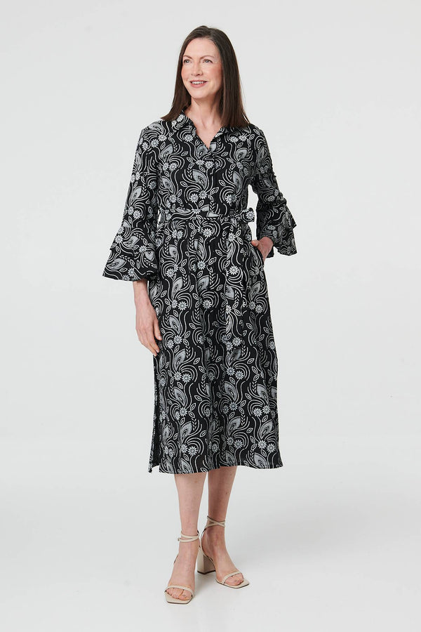 Black | Floral 3/4 Sleeve Tie Midi Shirt Dress