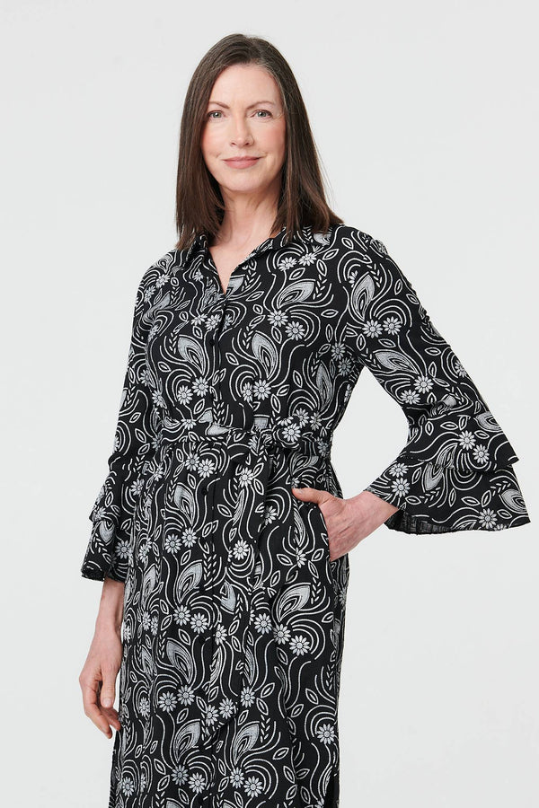 Black | Floral 3/4 Sleeve Tie Midi Shirt Dress