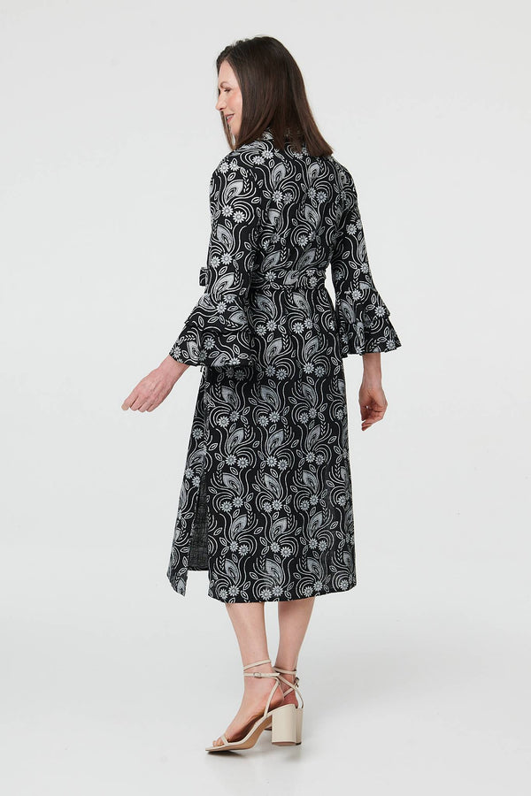 Black | Floral 3/4 Sleeve Tie Midi Shirt Dress