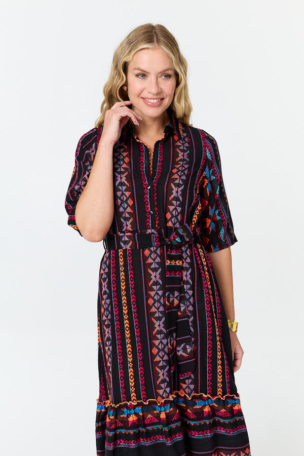 Black | Printed 1/2 Sleeve Shirt Midi Dress