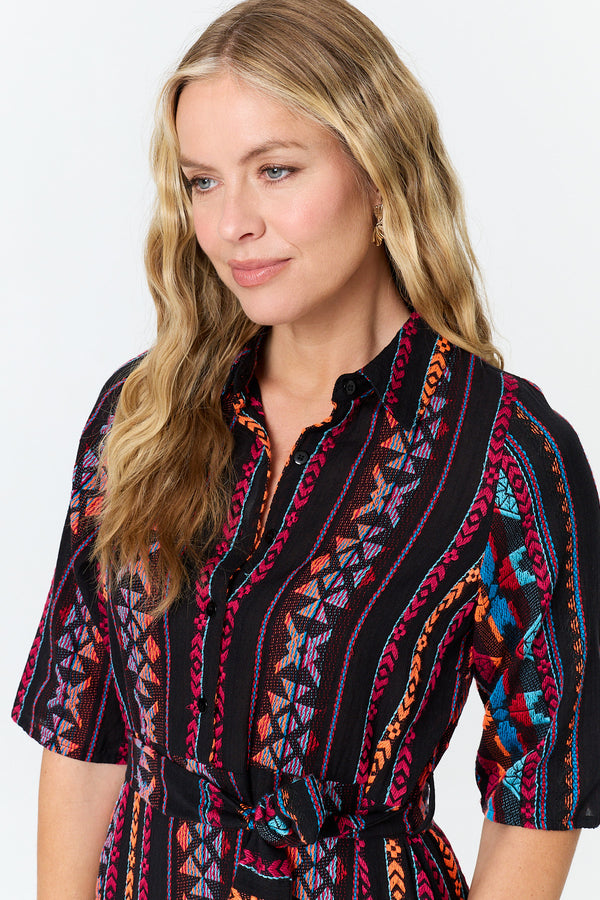 Black | Printed 1/2 Sleeve Shirt Midi Dress