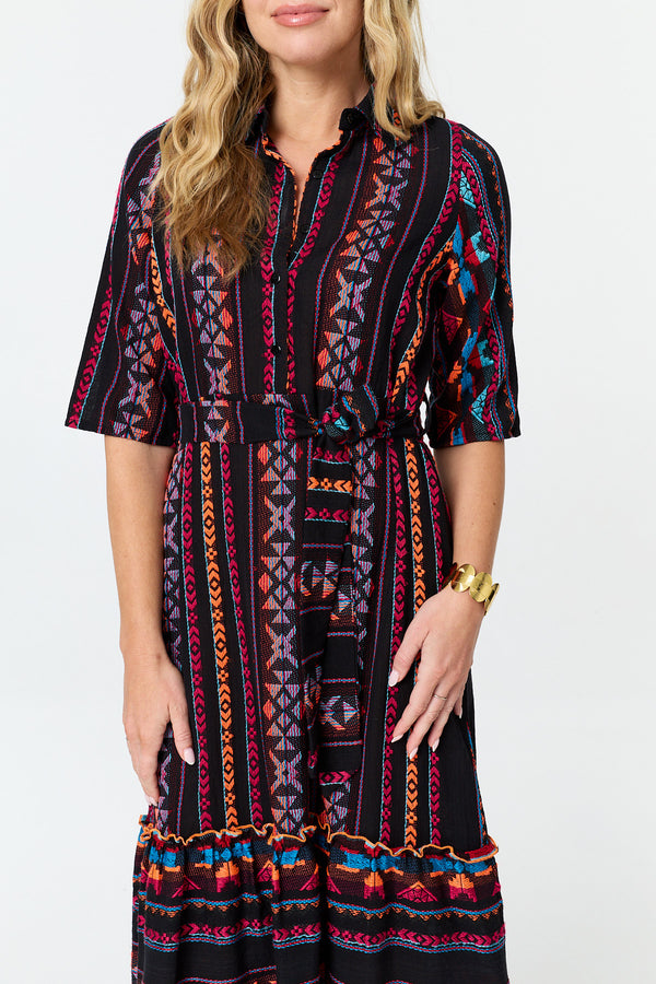 Black | Printed 1/2 Sleeve Shirt Midi Dress