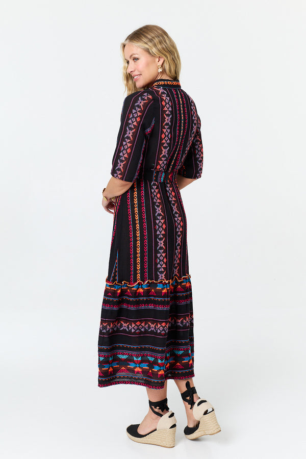 Black | Printed 1/2 Sleeve Shirt Midi Dress