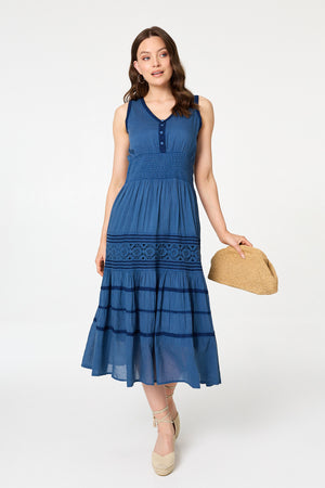 Blue | Embroidered Tiered Sleeveless Midi Dress