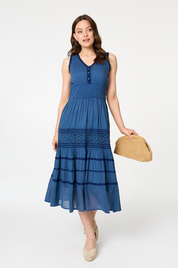 Blue | Embroidered Tiered Sleeveless Midi Dress