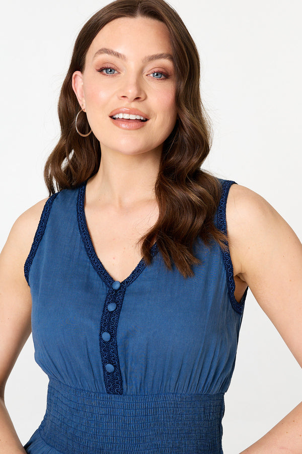 Blue | Embroidered Tiered Sleeveless Midi Dress