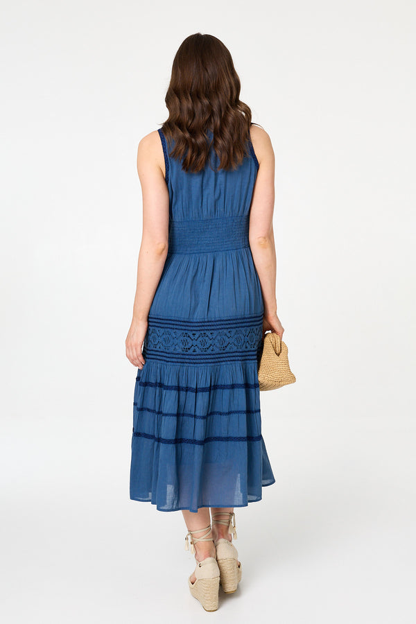 Blue | Embroidered Tiered Sleeveless Midi Dress
